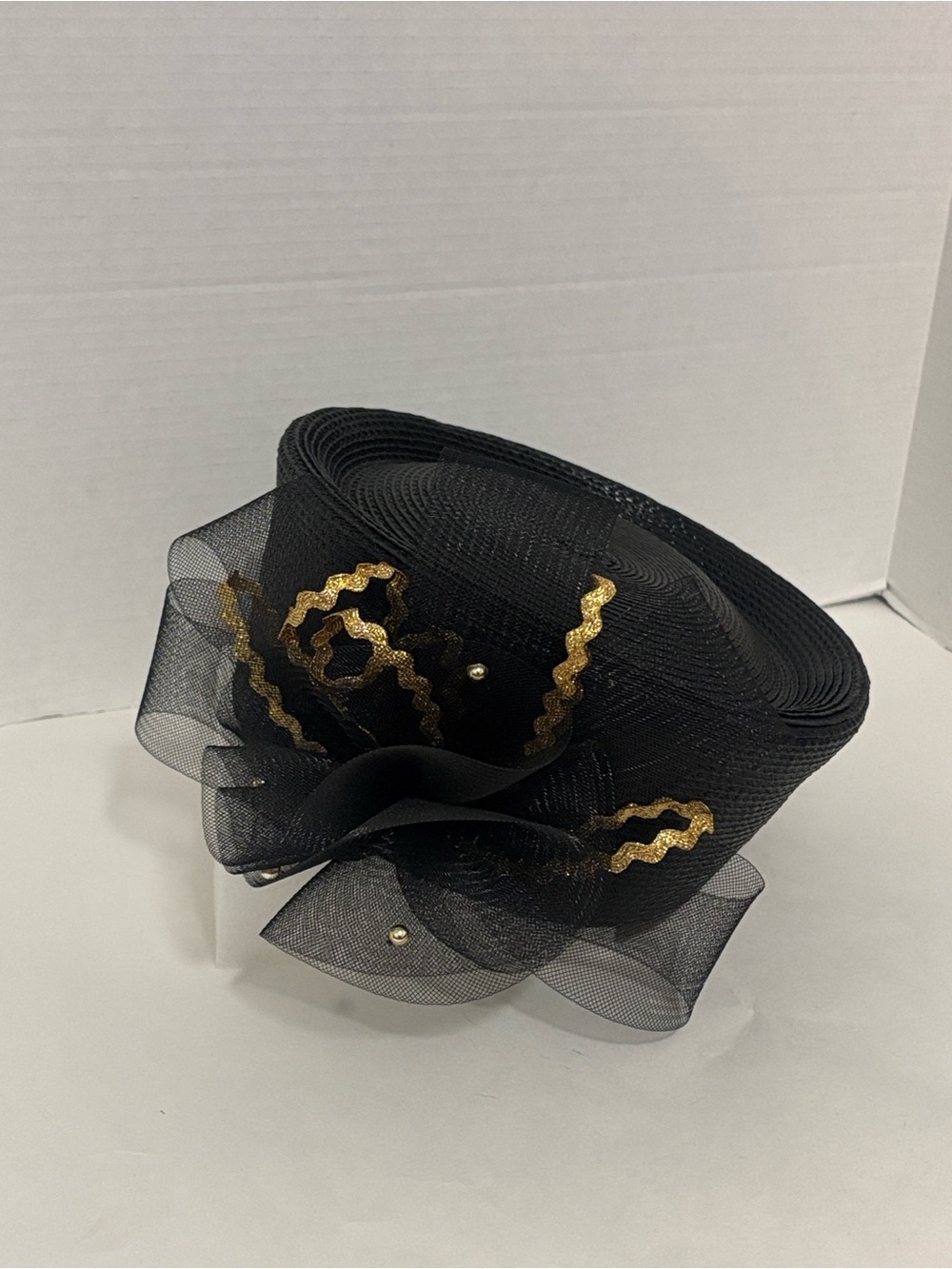 Vintage Black Pillbox Hat w/Gold Accents